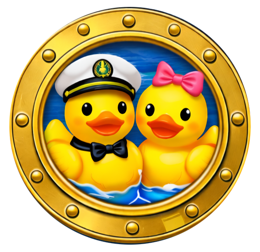 Two ducks peering through a golden porthole